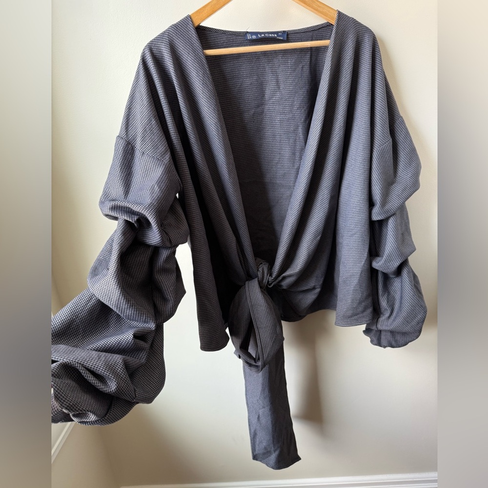 LA CASA STUDIO USA Houndstooth‎ Tie Front Blouse Exaggerated Sleeves Romantic M